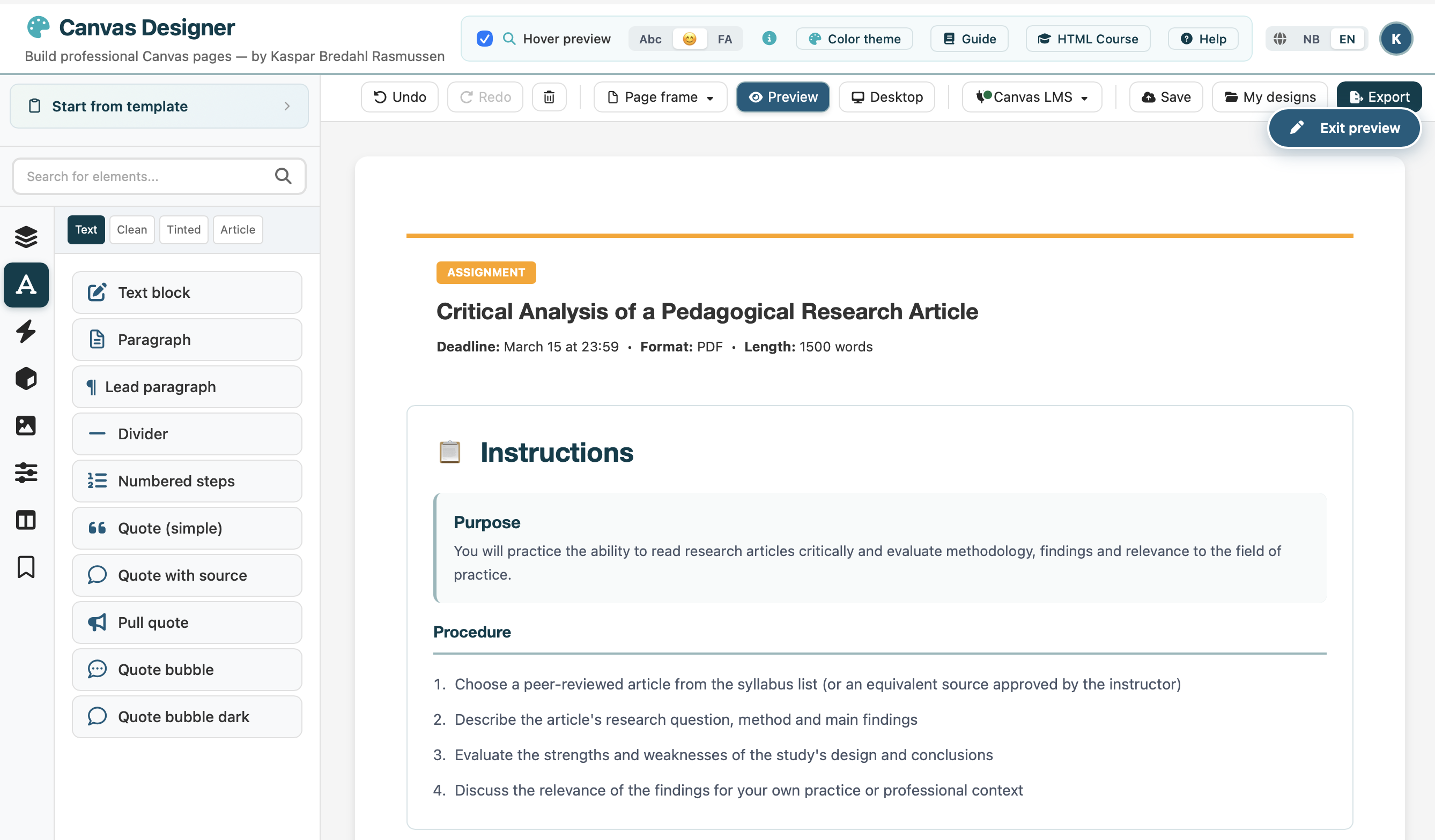 Canvas Designer interface showing a structured course page with cards and callouts